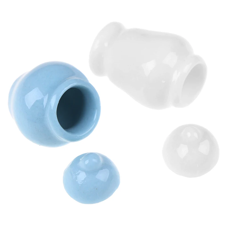 

1Set Kitchen Cute White Blue Ceramic Storage Jars with Cover Dollhouse Miniature Classic Pretend Play Furniture Toys for Child
