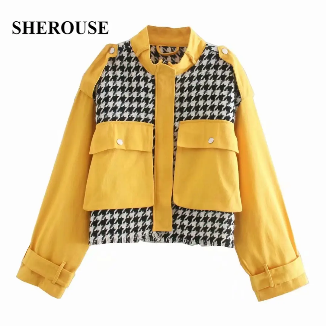 

SHEROUSE Women Fall Winter Contrast Jacket Fashion Front Pockets Long Sleeves Mock Neck Woman Y2K Patchwork Coat Chic Outfit