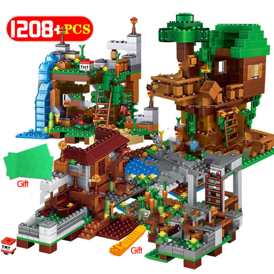 

1208pcs My World Sets Village City Tree House Waterfall Warhorse Building Blocks with Figures Bricks Gift DIY Toys for Children