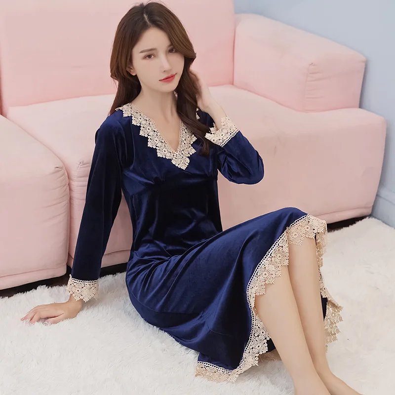 Exquisite V-neck Lace Women Winter Nightgown Nightwear Velvet Keep Warm Sleepwear Nightdress Comfortable Casual Soft Homewear | Женская