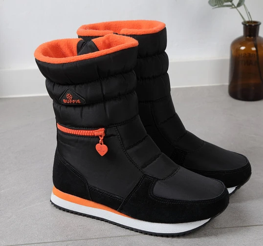 Black Orange Для женщин зимние сапоги обувь на платформе с толстой плюшевой подкладкой на застежке-молнии; водонепроницаемые Нескользящие женские зимние ботинки; botas de mujer; большие размеры - Цвет: Black Orange