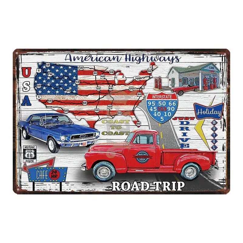 Американский High Route 66 потертый шик автомобильный оловянный знак металлическая