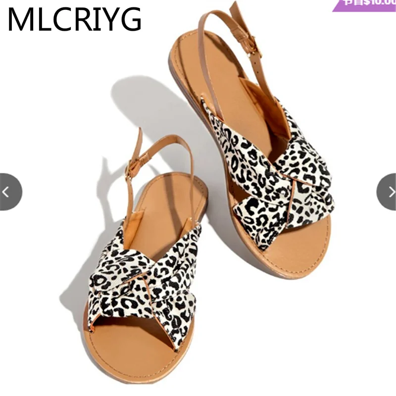 

2021 Fashion Women's Shoes Flat Shoes Open Toe Leopard Print Beach Shoes Summer Woman Striped Buckle Strap Sandals Casual Shoes