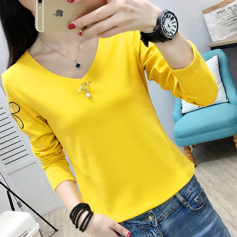 Футболка shintimes с бисером женская футболка на осень 2018 вырезами в стиле пэчворк