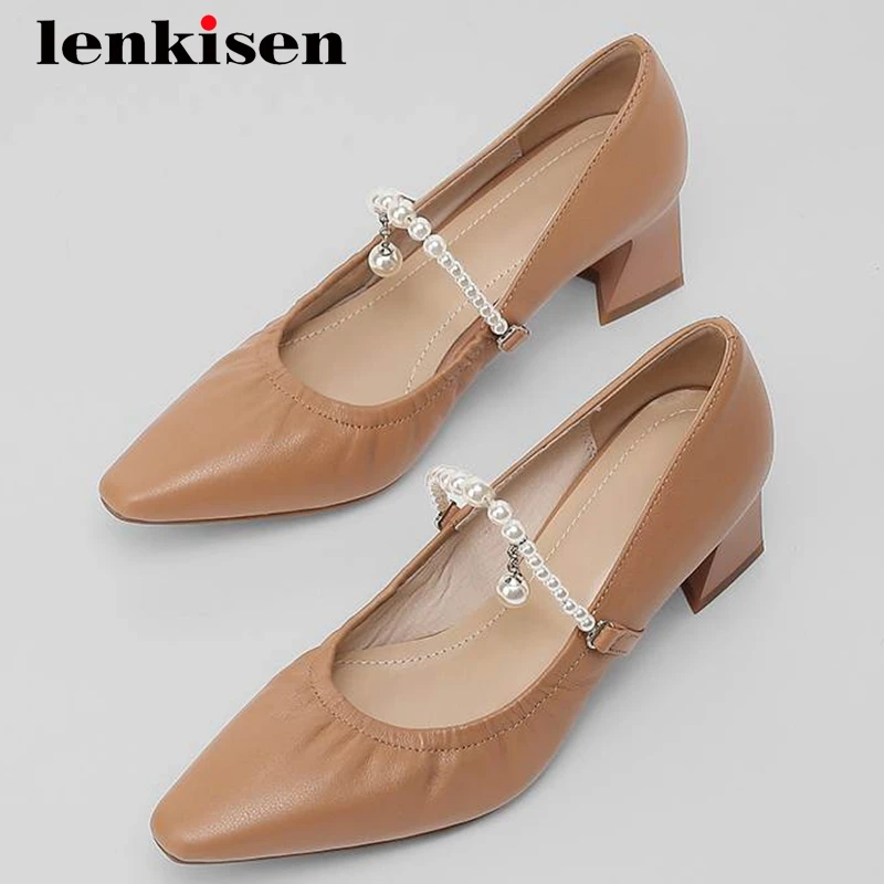 

Lenkisen french romantic full grain leather pleated beading chain small square toe thick high heel buckle straps soft pumps L13