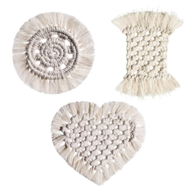 

Nordic Style Cup Mats Cotton Rope Macrame Fringes Wave Heart Round Shape Pot Pads Mats Home Desktop Table Decoration Boho Mats