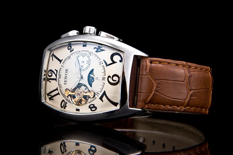 SEWOR Новая мода Tourbillon Досуг Спорт мужские s мальчик автоматические механические кожаные Наручные часы мужские симфония Стекло Зеркало Часы