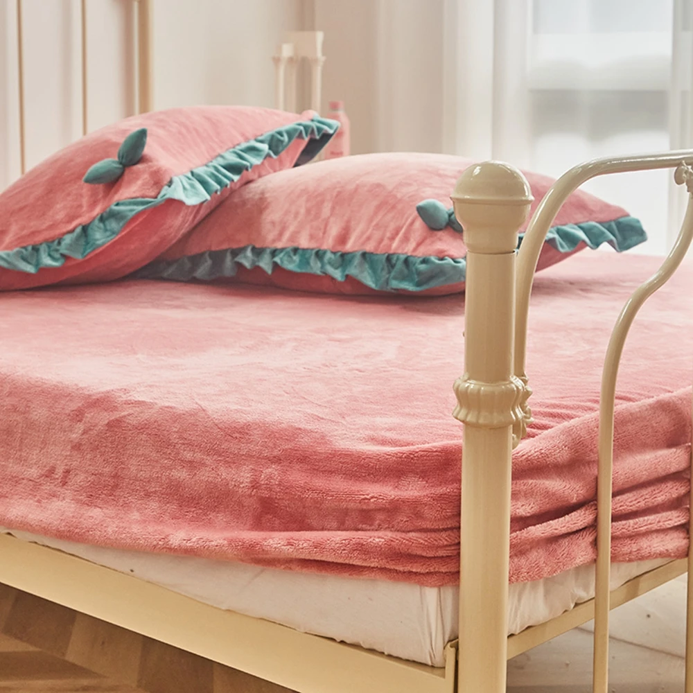 

Pink Elastic Band Fitted Sheet Crystal Velvet Bed Linen Mattress Cover Solid Color 1pcs Winter Warm Soft Queen 180x200cm