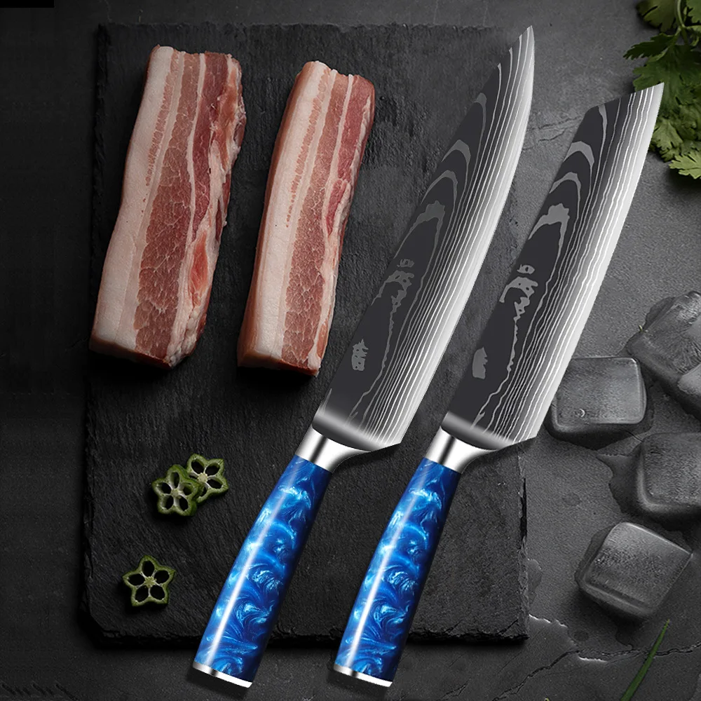 SANLEPUS 2PCS Kitchen Knives Set Laser Damascus Pattern Chef Knife Sharp Santoku Cleaver Slicing Utility Resin Handle | Дом и сад