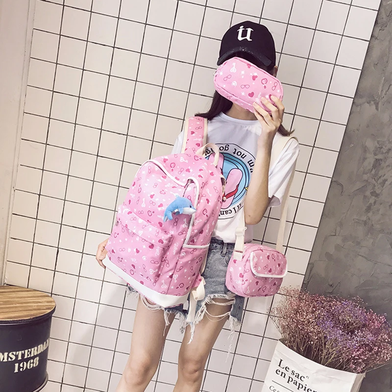 Lastest 3Pcs/Sets Cute pink Glasses Printing School Backpack Women Backpacks School Bags for Teenage Girls Travel Bag mochilas