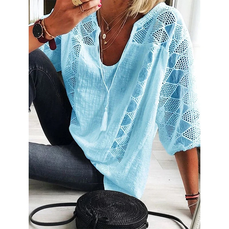 

Summer Clothes Ladies Three Quarter Sleeve Lace Solid Shirts 2021 Sexy Women Plus Size Casual Pullover Blouse Blusinhas Feminina