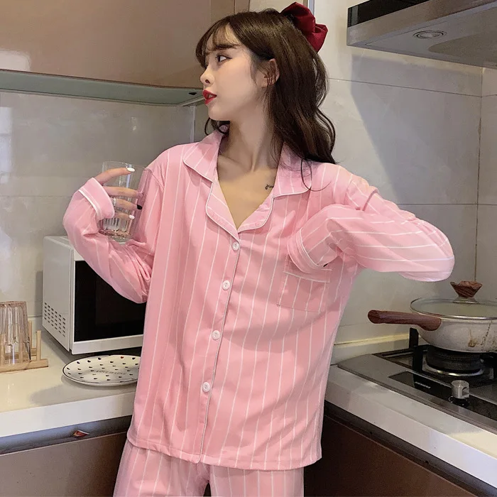 

YRRFUOT 2020 Cardigan Striped Long-sleeved Trousers Loose Casual Thin Milk Silk Homewear Suit Spring Autumn New Ladies Pajamas