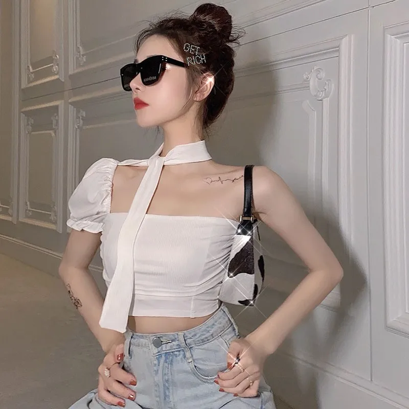 

Jlong Women's T Shirt Sexy Puff Sleeve Halter T Shirts Summer White Tops