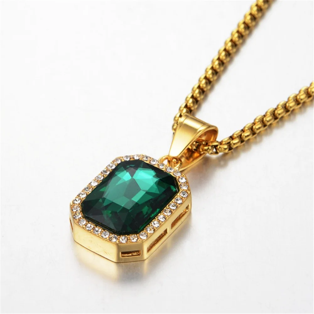 Hip Hop Iced Out Square Pendant Necklaces Male Gold Color Stainless Steel Chains For Men CZ Bling Jewelry Dropshipping  - buy with discount