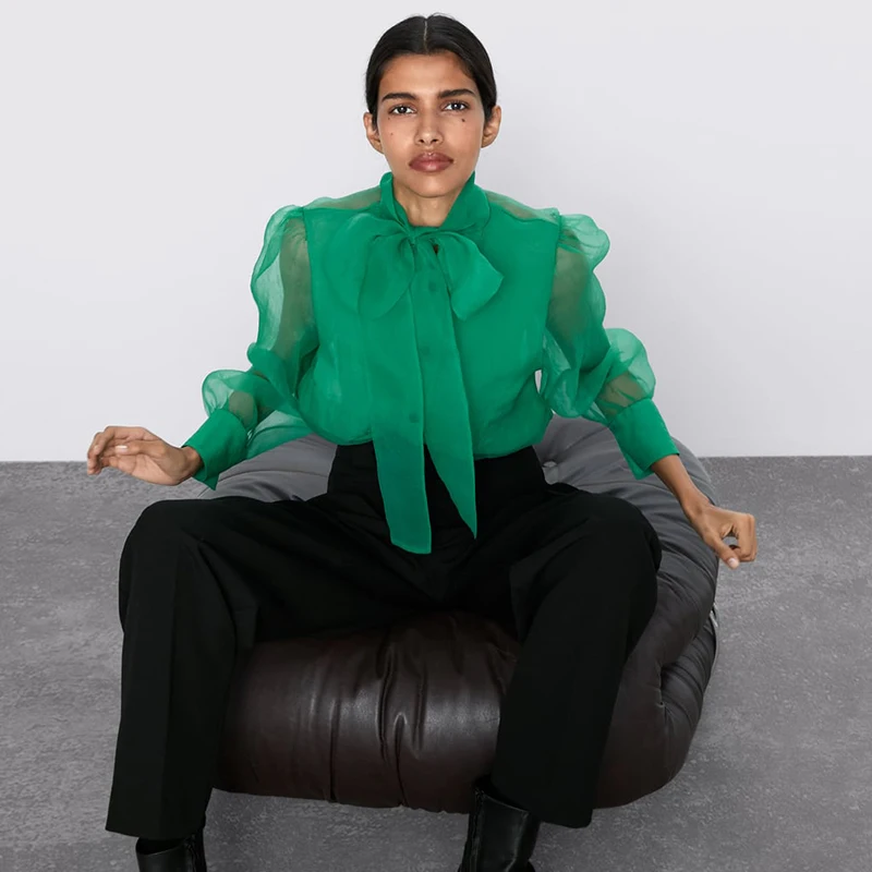 Новинка зеленая рубашка с бантом блузка полупрозрачная стоячий воротник бант