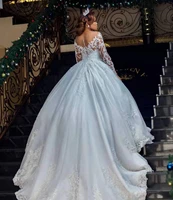 shwaepepty luxury ball gown wedding dresses with full sleeves lace applique beads illusion scoop neck button chapel bridal dress