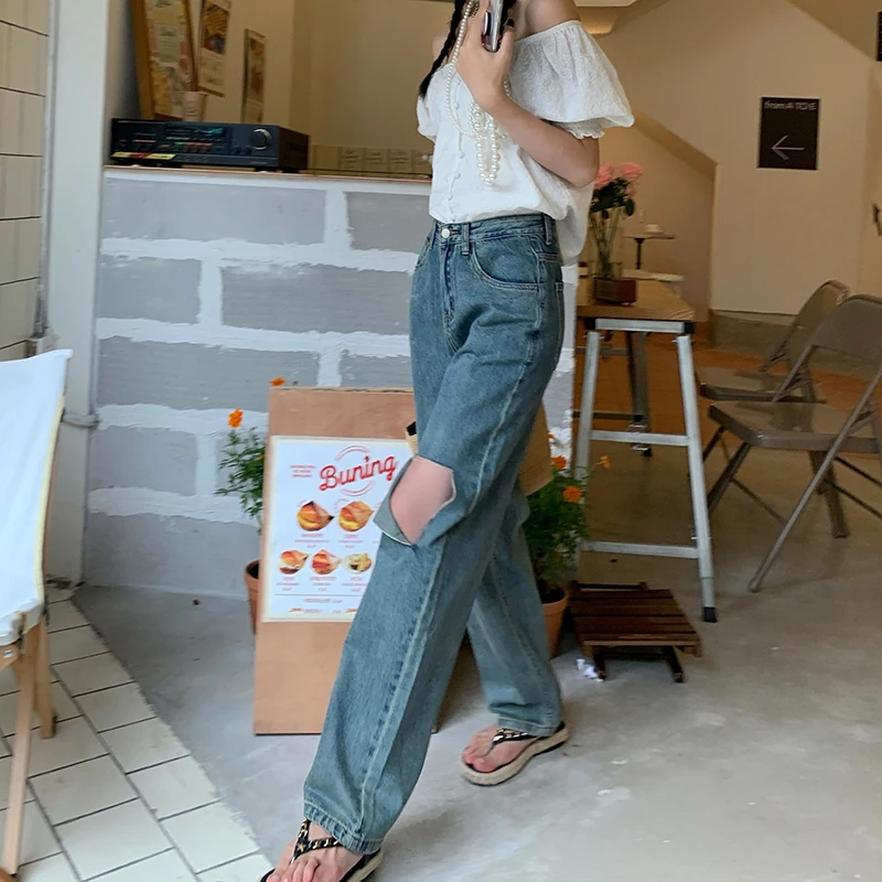 

SML summer Autumn korean style loose women Ripped Long denim pants Casual high waist straight jeans for womens (xy9510)