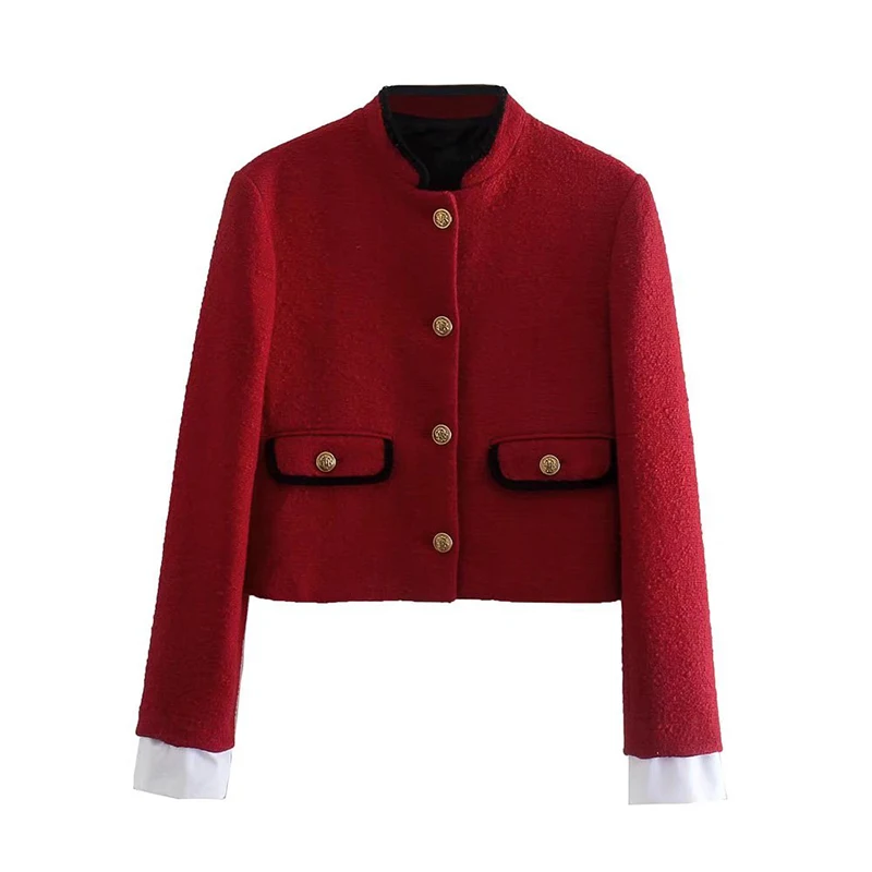 

YENKYE Autumn Women Fashion 2021 Retro Red Tweed Cropped Jacket Coat Long Sleeve Single Breasted Female Outerwear Chic Tops