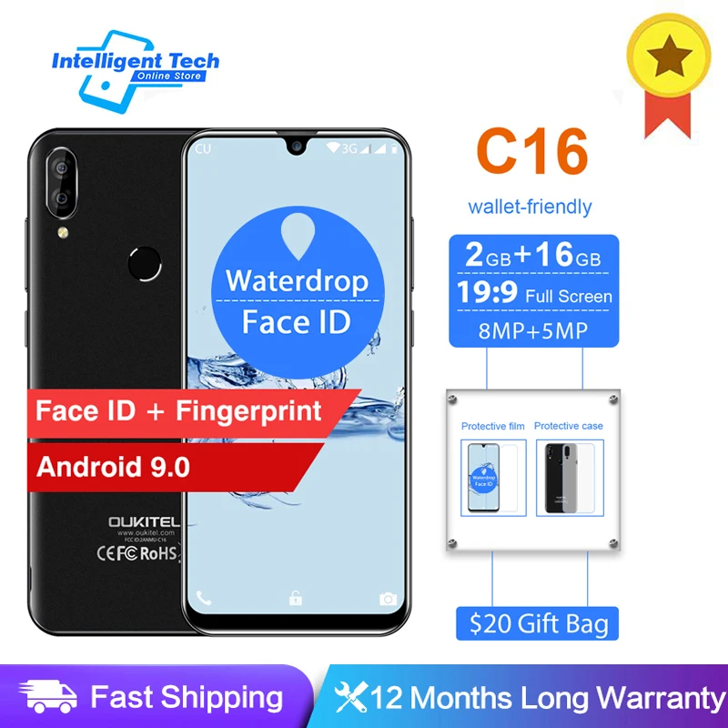 OUKITEL C16, 5,71 дюйма, 2 Гб ОЗУ, 16 Гб ПЗУ, HD+ 19:9, капля воды, смартфон, отпечаток пальца, Android 9,0, мобильный телефон MT6580P, 2600 мАч, разблокировка