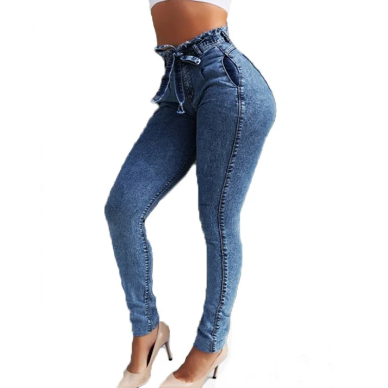 Джинсы с завышенной талией для женщин облегающие Стрейчевые джинсовые ленты