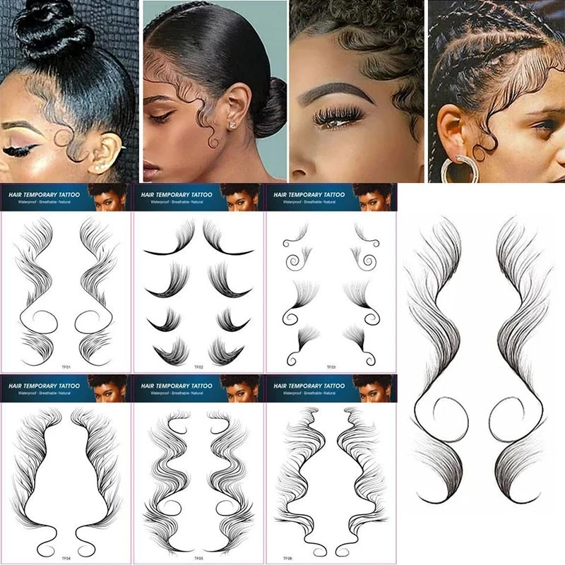 

6 Styles Hair Edges Tattoo Sticker Baby Hair Pony Tail Styles Temporary Tattoo Sticker Template Sleek Edges Bangs Tattoo Sticker