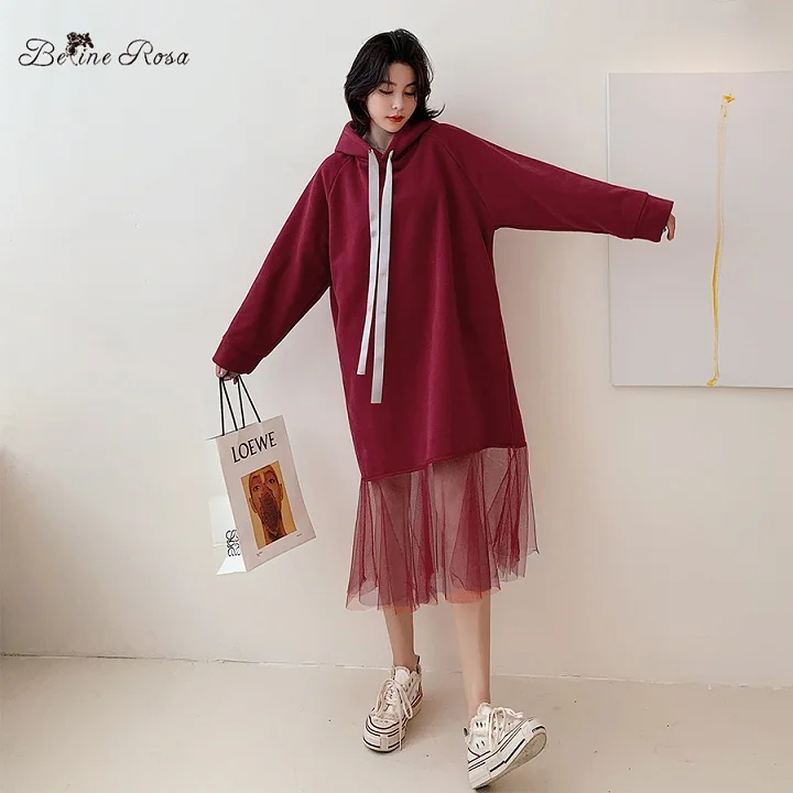 red BelineRosa Плюс Размер Свободные Длинные Женская Одежда Красоты Женская Сетка Хем Дизайн Зимние Толстовки Платье HM000003 - Цвет: red