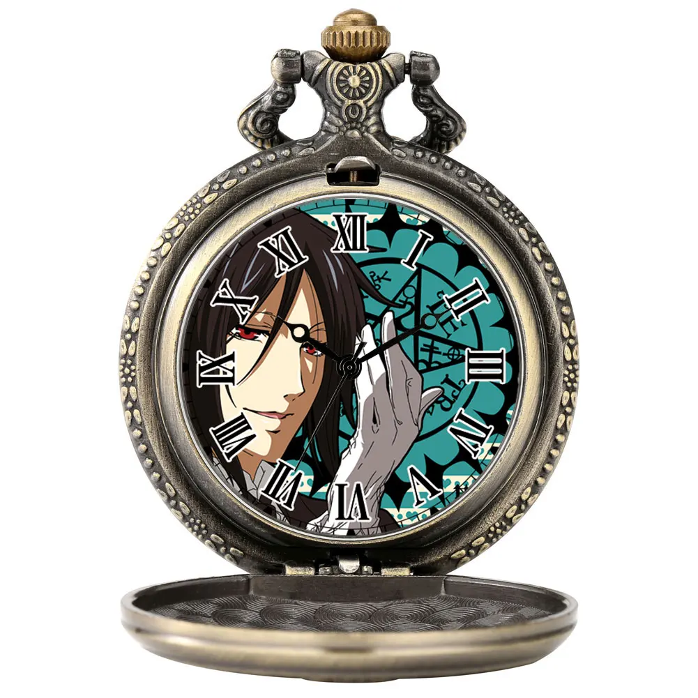 

Black Deacon Pattern Dial Pocket Watch Bronze Thin Thick Chain Large Quartz Pendant Watches with Alloy Rough Chain Animation