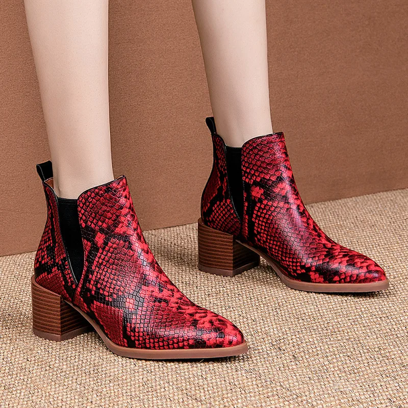 

MoonMeek 2020 new genuine leather boots round toe slip on ladies ankle boots women`s square high heels autumn winter boots women