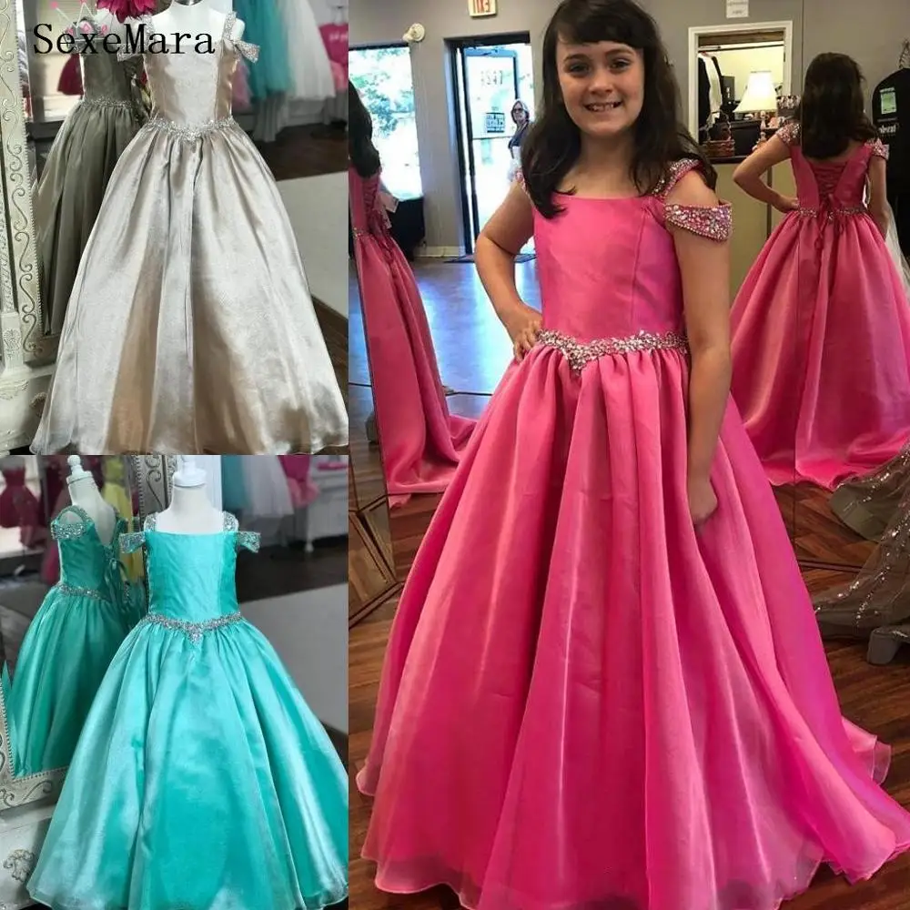 

High Quality Girls Pageant Dresses Straps Crystals Beading Long Formal Children Birthday Party Prom Gowns