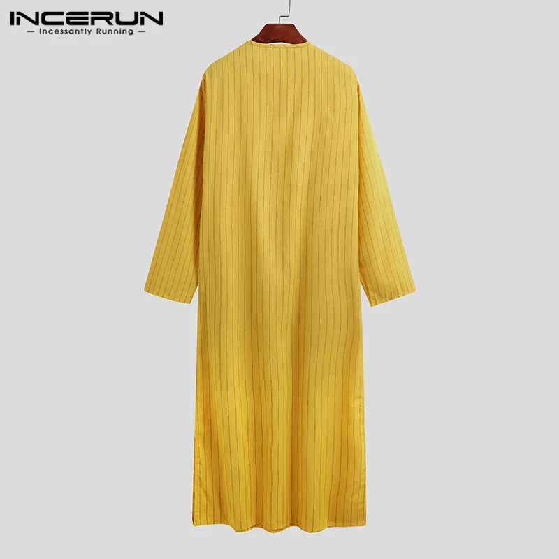 

Fashion Men Muslim Striped Jubba Thobe Long Sleeve Pockets Abaya Islamic Kaftan Dubai Saudi Arabia Casual Men Robes INCERUN 5XL