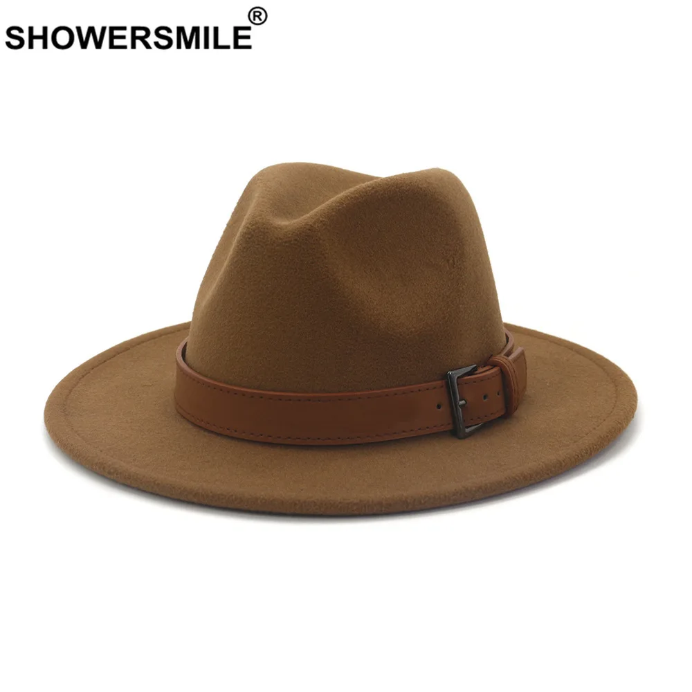 

SHOWERSMILE Khaki Women Wool Fedora Hat with Leather Belt Panama Hat Winter Autumn Wide Brim Jazz Trilby Male Sombrero Cap