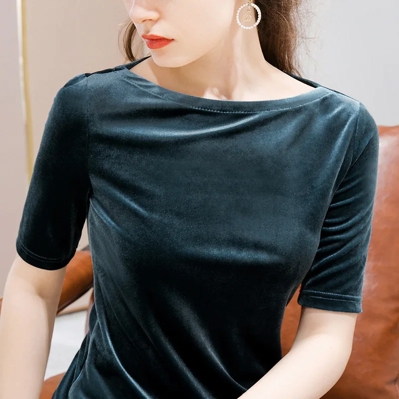 Женская футболка с рукавом DHfinery европейская Золотая Бархатная куртка на плечо