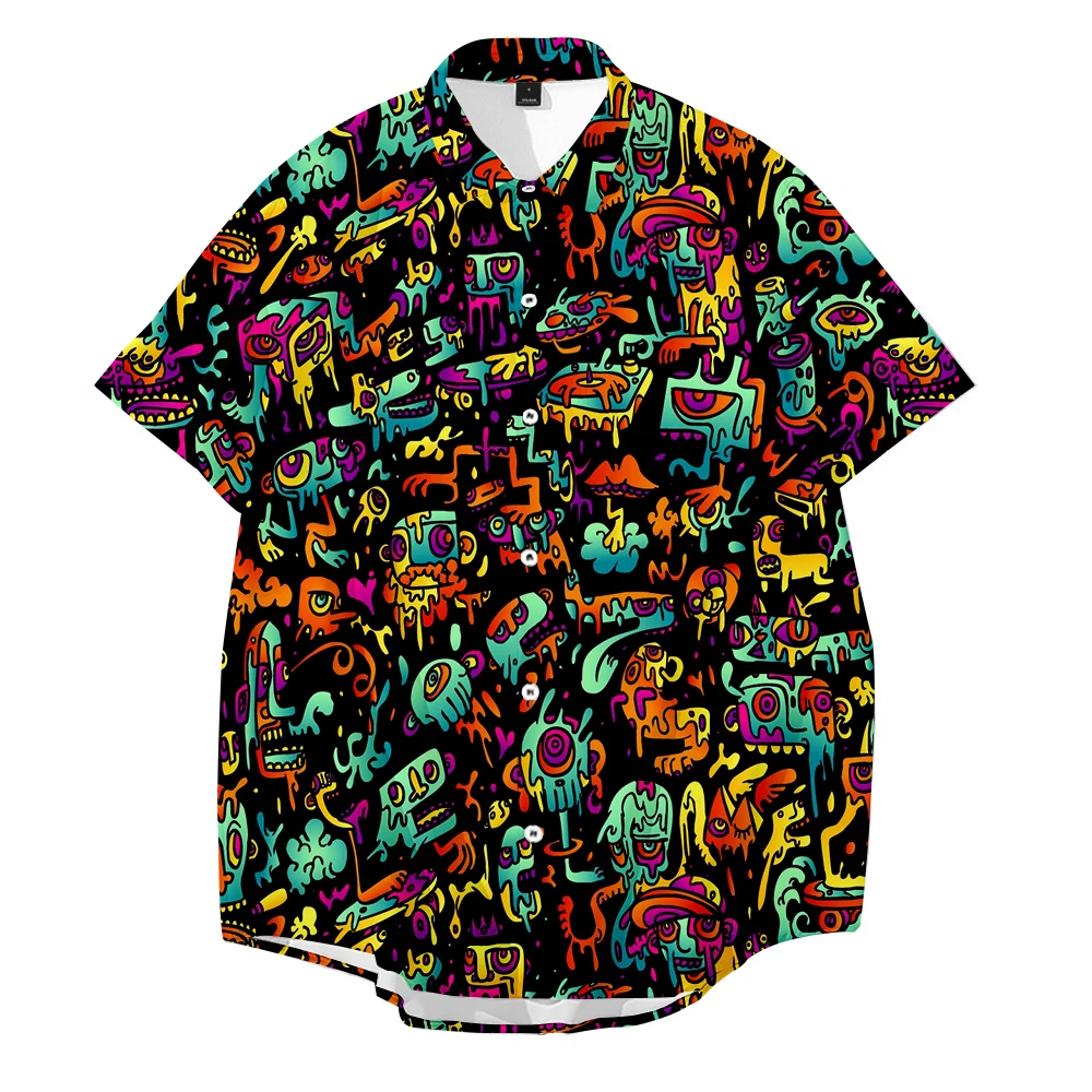 2021 Men's Shirts Men Hawaiian Casual Button Shirt Musical Psychedelic Graffiti Printed Short-sleeve Beach Blouses Tops Camicias