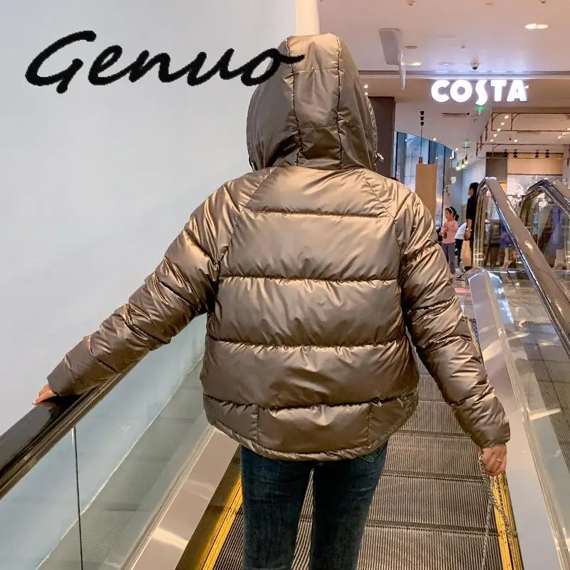 

Genuo 2019 New Arrival Women Winter Jacket Shining Fabric Cotton Padded Warm Thicken Short Coat Hooded Fashion Parka