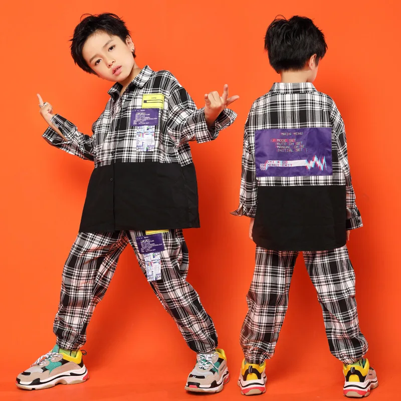 

Boys Hip Hop Girls Plaid Shirt Jogger Pants Street Dance Sets Kids Patchwork Outfits Child Applique Costume Clothes Streetwear