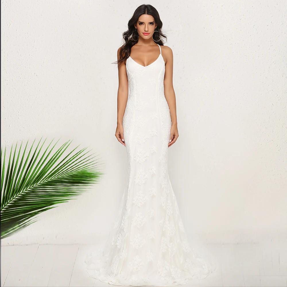 

Raisevern Woman Dress 2021 Sexy Suspender V-neck Big Tail Wedding Dress Ladies Fashion Party Pure White Dress Pullover Dropship