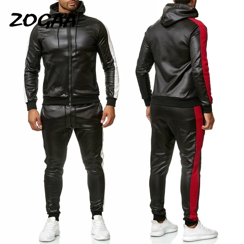 

ZOGAA 2021 New Men's PU Leather Hoodies Set 2 Piece Casual Sweatsuit Hooded Jacket And Pants Jogging Suit Tracksuits Men