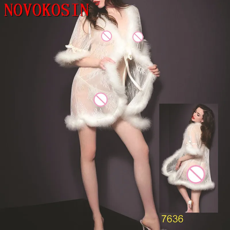 

2021 Women Transparent Body Dolls Lace Patchwork Fur Soft Sexy Lingerie Sleepwear Thin Summer Sexy Night Dress Sleep Gown