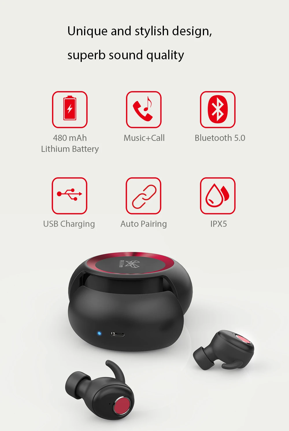 Riilm T580 TWS наушники-вкладыши в уникальный нажатие зарядный чехол Bluetooth бас наушники стерео 5,0 Беспроводной громкой связи Bluetooth гарнитура для IPX5 Водонепроницаемый