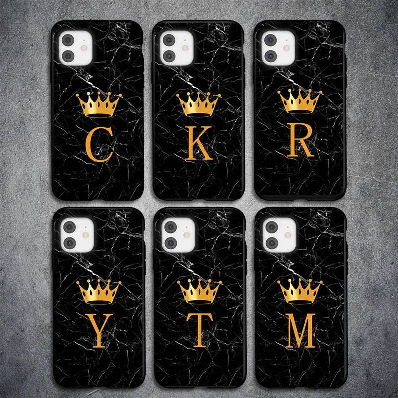 Soft Silicone Black Marble Crown Letter Fashion Phone Case For iPhone 11 12 Pro Max 12 Mini Shockproof Case Soft TPU Back Cover