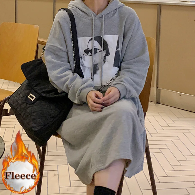 

winter Hoodie dresses for women Hooded oversized Sweatshirt Long-sleeved Pullovers Dress Sweatshirts Long Tops Casual streetwear