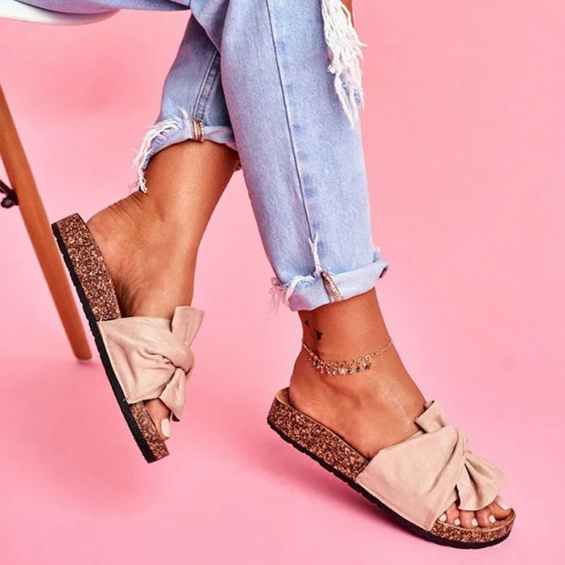 Прямая поставка! Женские шлепанцы Летние сандалии с бантом Шлепанцы на толстой