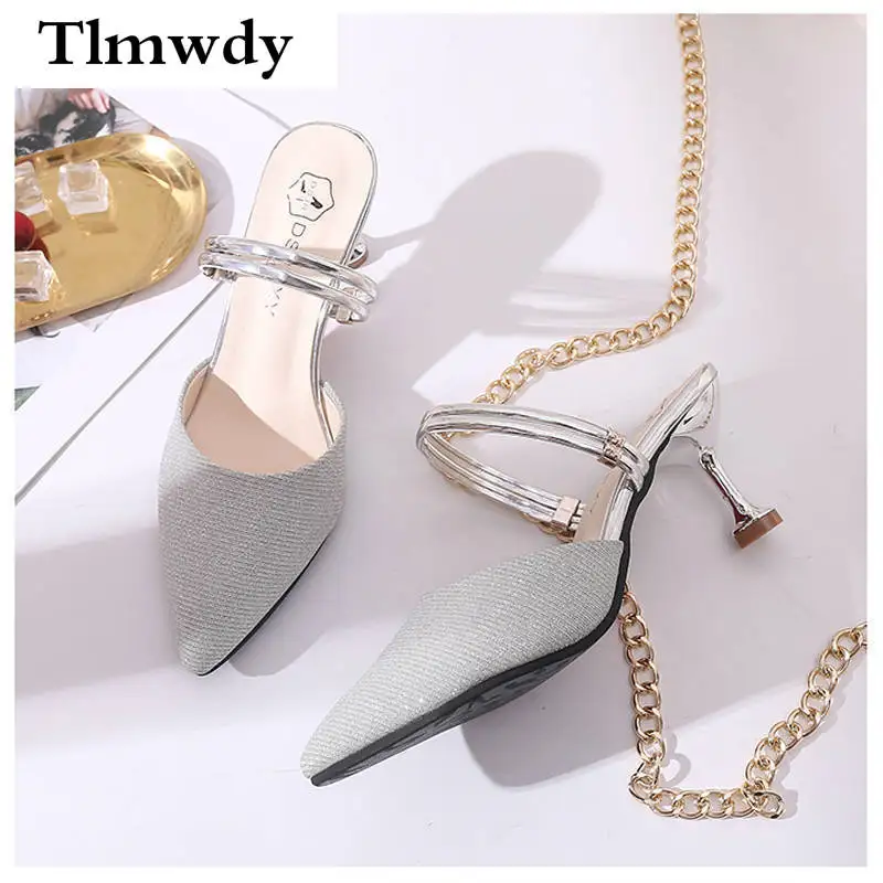 

2021 Summer Sequined Cloth High Heels Sandals Women's Slippers Fashion Slippers Women's Casual Shoes Pointed Pumps Women's Shoes
