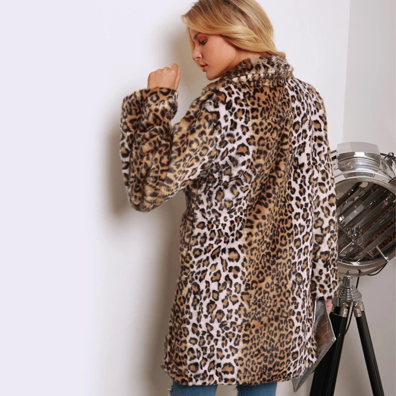 Leopard Print Fur Coat Women Winter Thicken Long Trench Coat Elegant Female Faux Fur Overcoat Turn Down Collar Fur Jacket