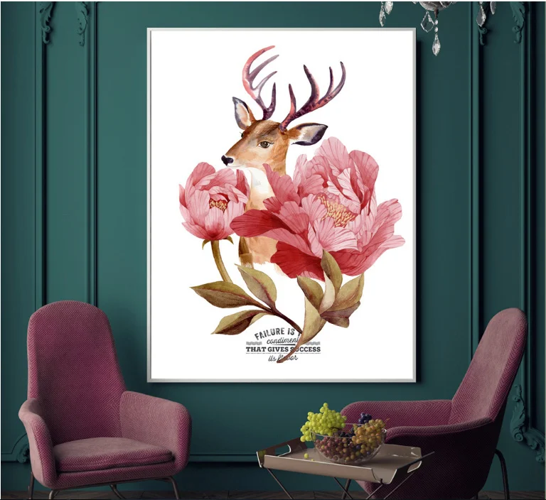 Настенная Картина на холсте с изображением лося и цветов в скандинавском