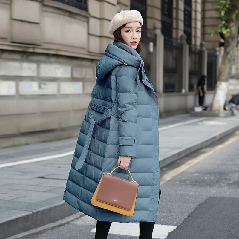 

Detachable hat down jacket 2020 new women's long knee length waistband jacket