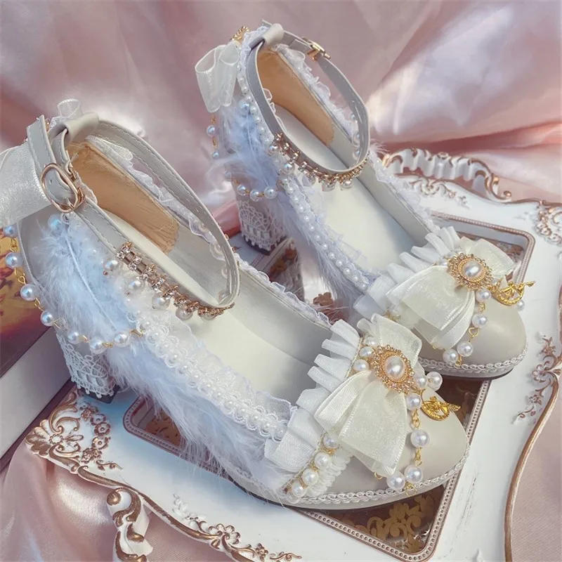 Lolita Shoes Women High Heels 8cm Pearl Lace Edge Bow Cute Girls Princess Tea Party Shoes Students Lovely Shoes Big Size 32-43