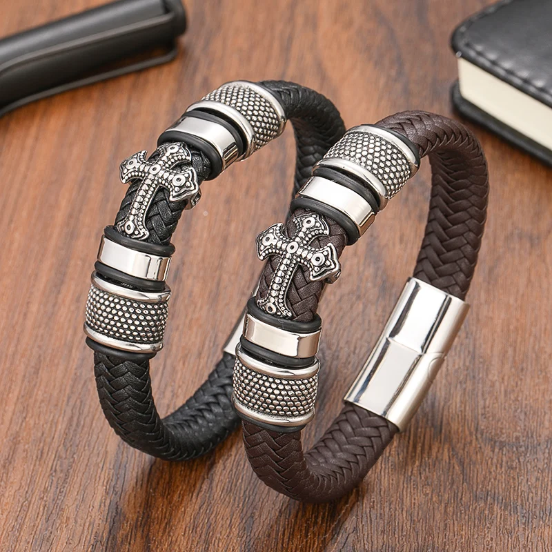

Stainless Steel Cross Bangles With Charms Chakra Men Black /Brwon Leather Bracelet Male Braided Multilayer Fashion Wholesale