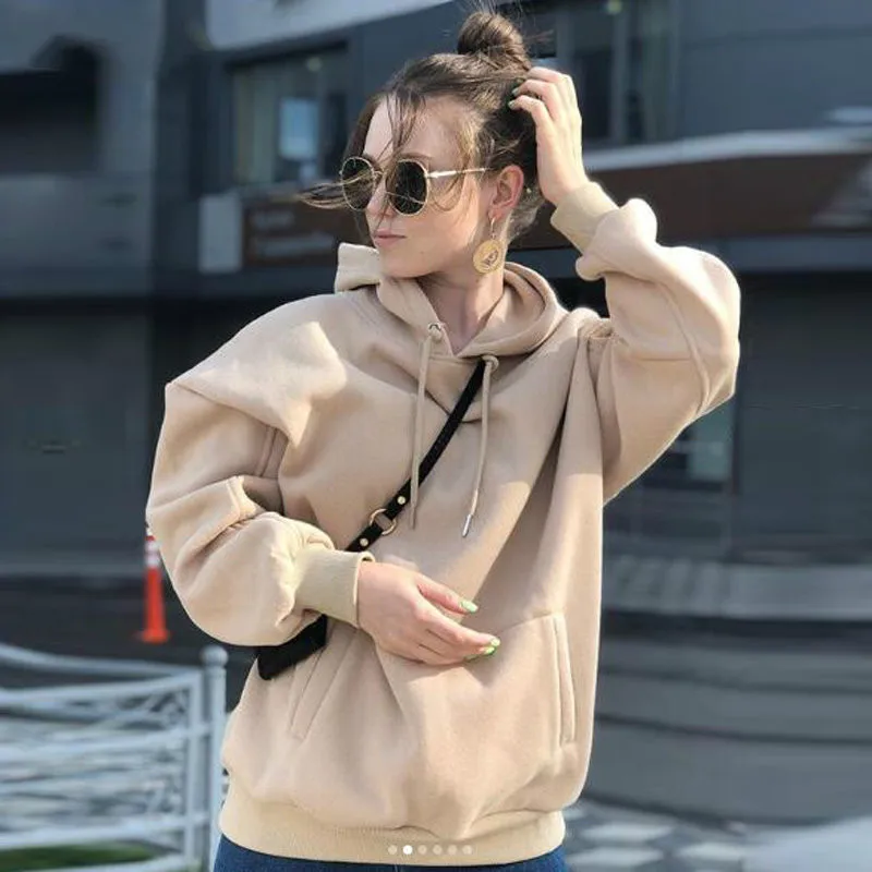 

Women Fleece Hoodie Sweatshirts Winter Japanese Fashion 2021 Oversize Ladies Pullovers Warm Pocket Hooded Jacket