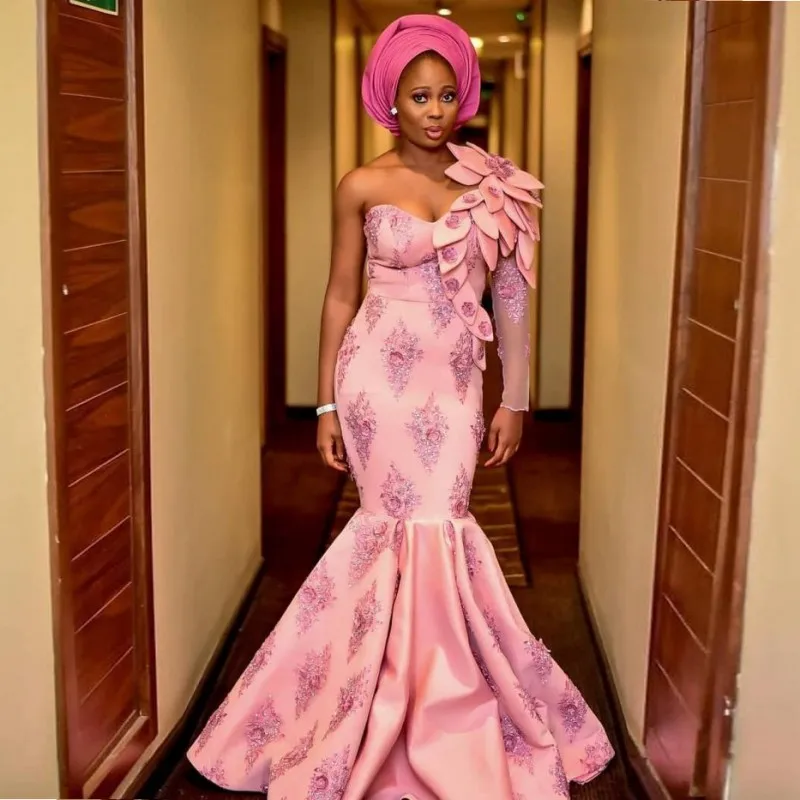 

Aso Ebi African Mermaid Evening Dresses One Shoulder Sheer Long Sleeves Lace Appliques Prom Gowns Saudi Arabia Party Dress